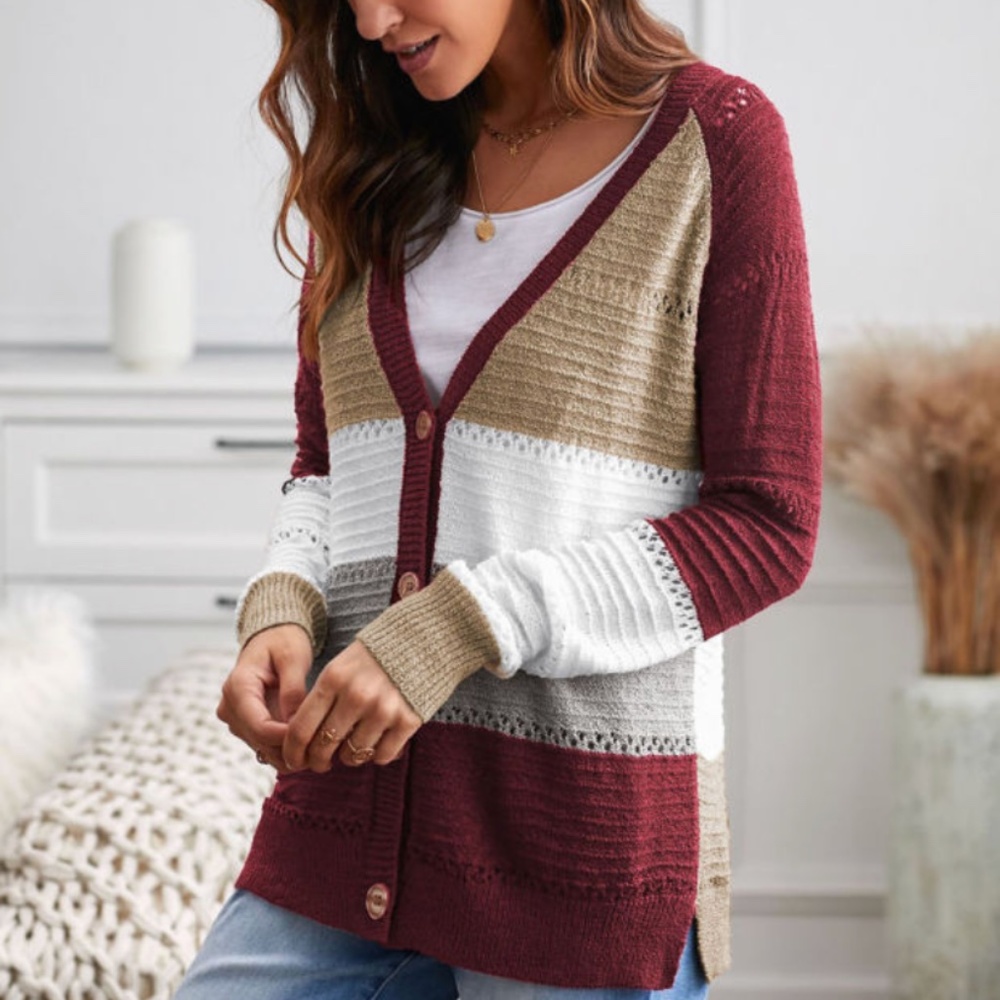 Colorblock Button-Front Cardigan Sweater - Burgundy/Beige/Gray/White - Picture 2 of 8